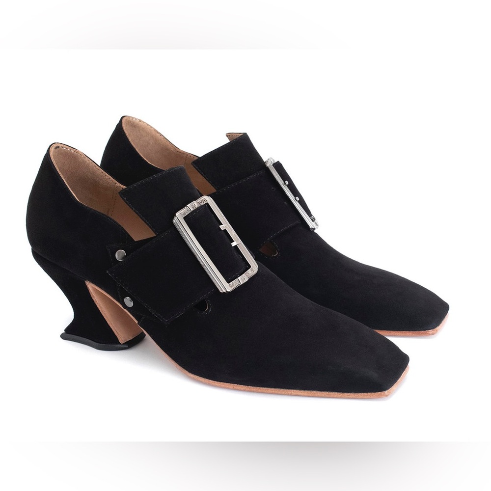 John Fluevog Black Suede Bishop Buckled Heels sz 10.5 EUC whimsigoth loafers - Picture 2 of 16